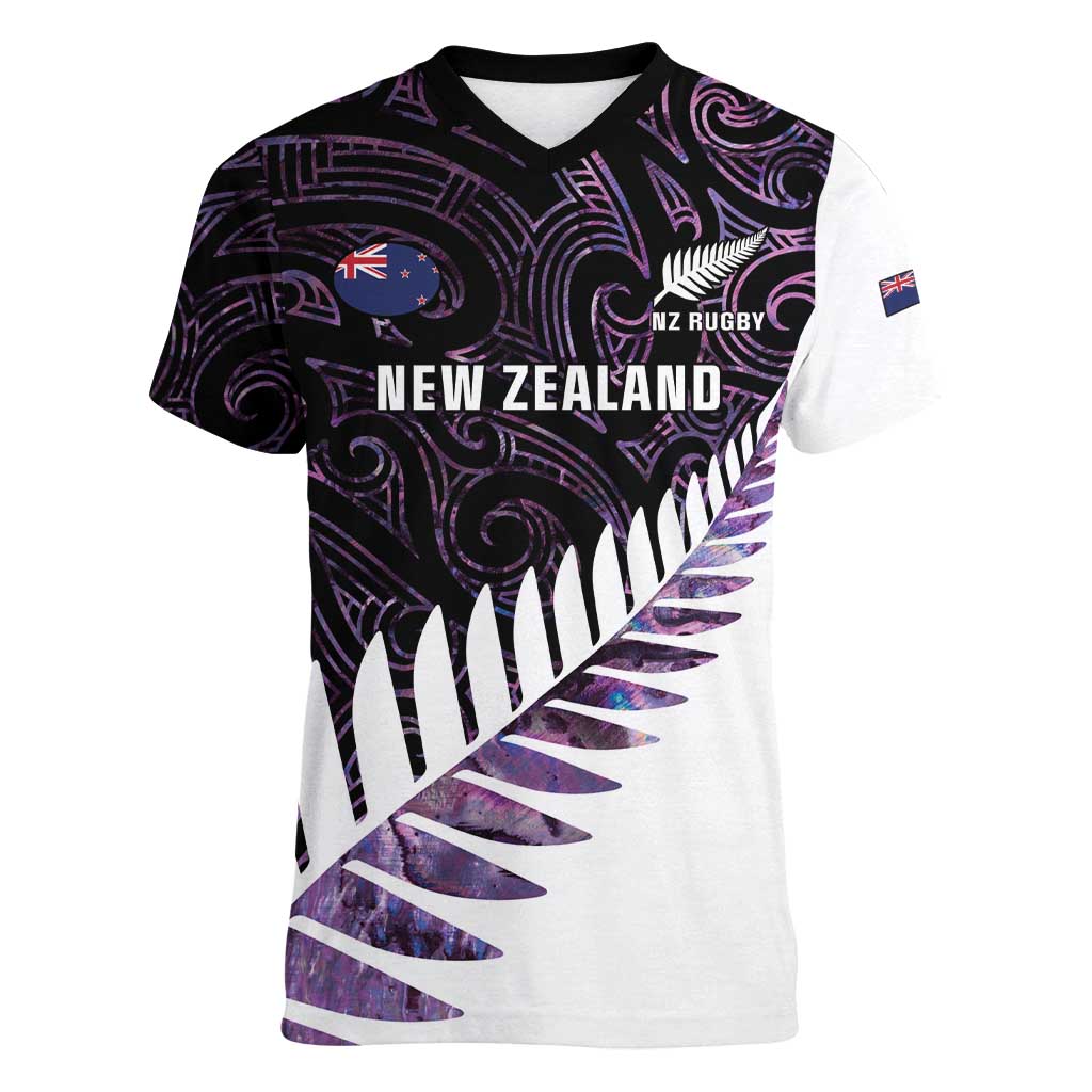 New Zealand Silver Fern Rugby Custom Women V-Neck T-Shirt Go All Black Purple Maori Paua Shell - Aussie Hoodie