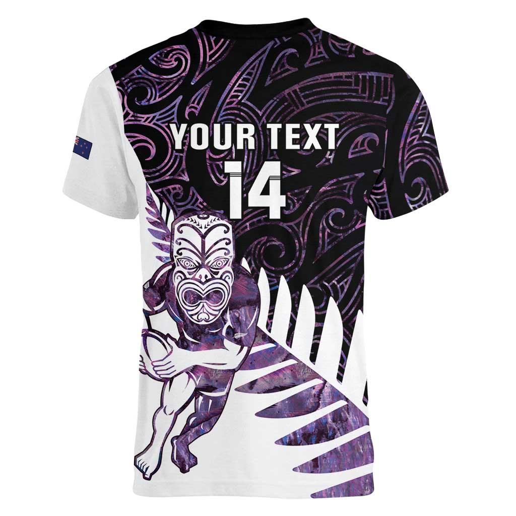 New Zealand Silver Fern Rugby Custom Women V-Neck T-Shirt Go All Black Purple Maori Paua Shell - Aussie Hoodie