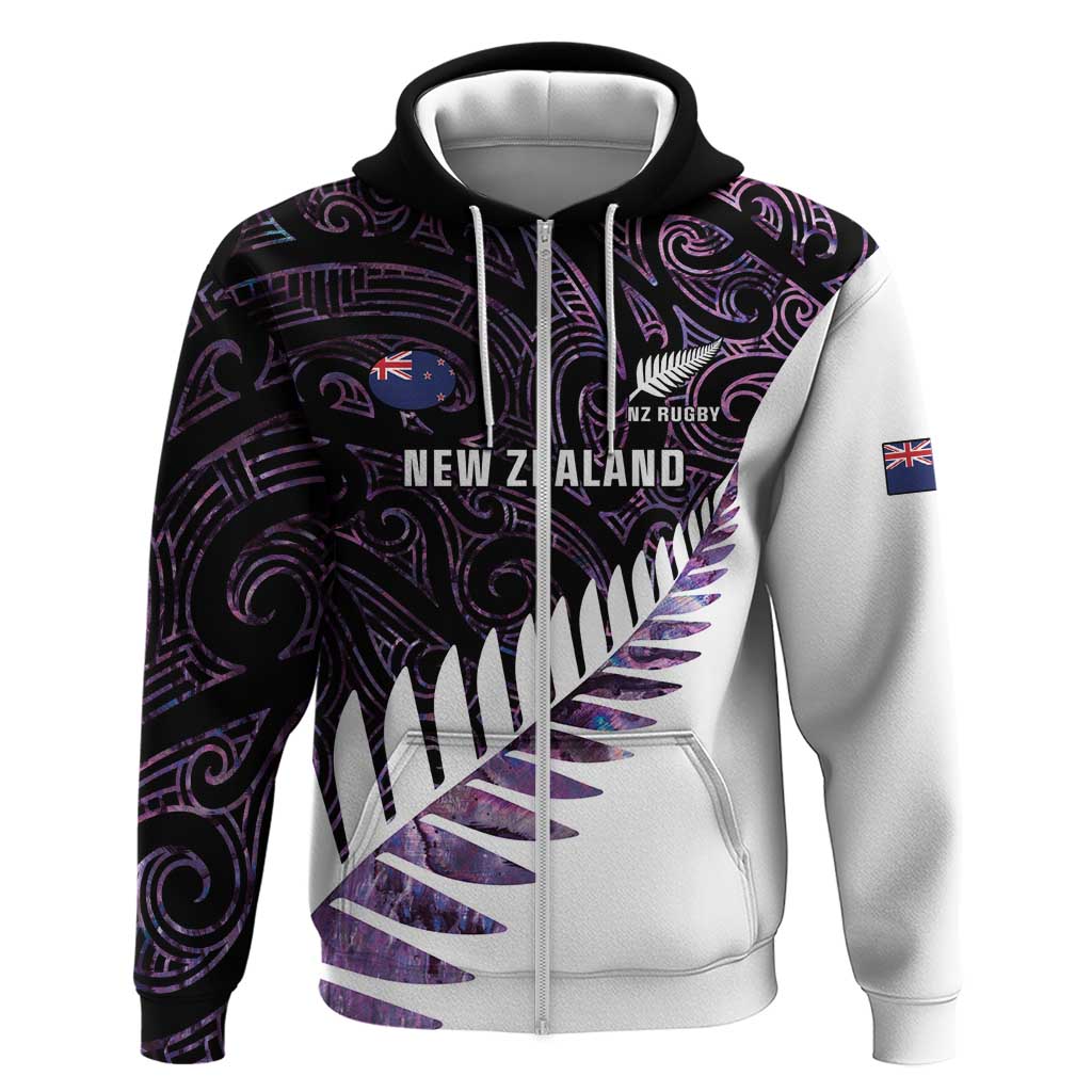 New Zealand Silver Fern Rugby Custom Zip Hoodie Go All Black Purple Maori Paua Shell - Aussie Hoodie