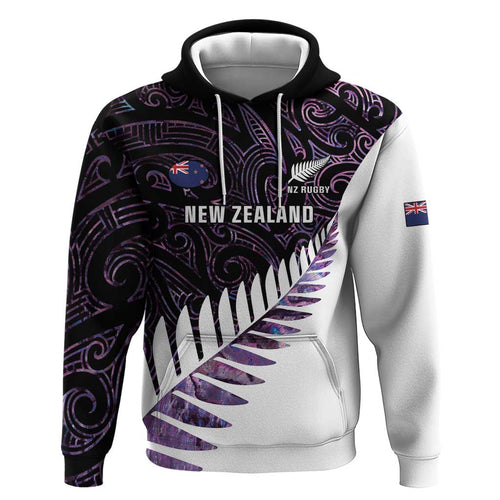 New Zealand Silver Fern Rugby Custom Zip Hoodie Go All Black Purple Maori Paua Shell - Aussie Hoodie