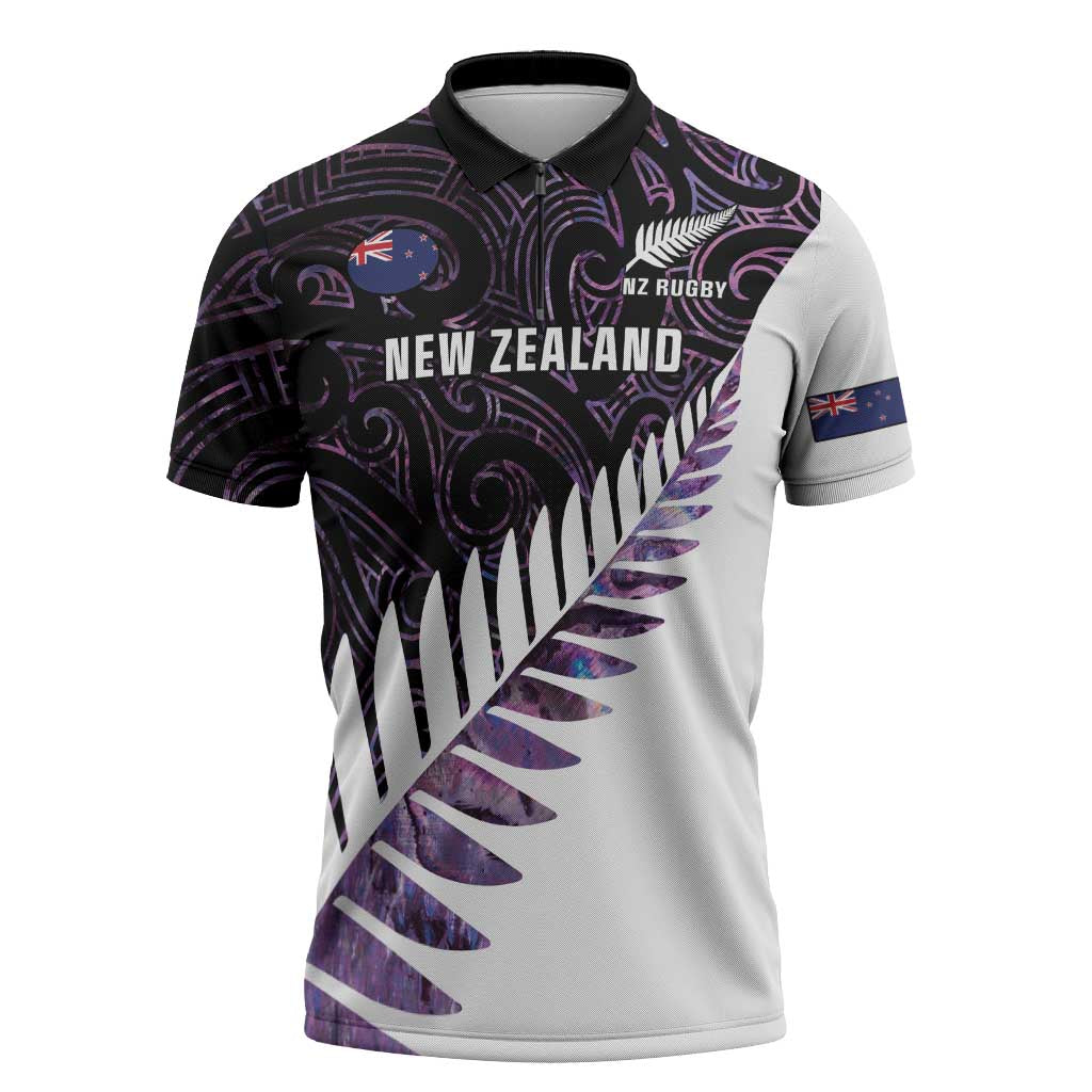 New Zealand Silver Fern Rugby Custom Zipper Polo Shirt Go All Black Purple Maori Paua Shell - Aussie Hoodie