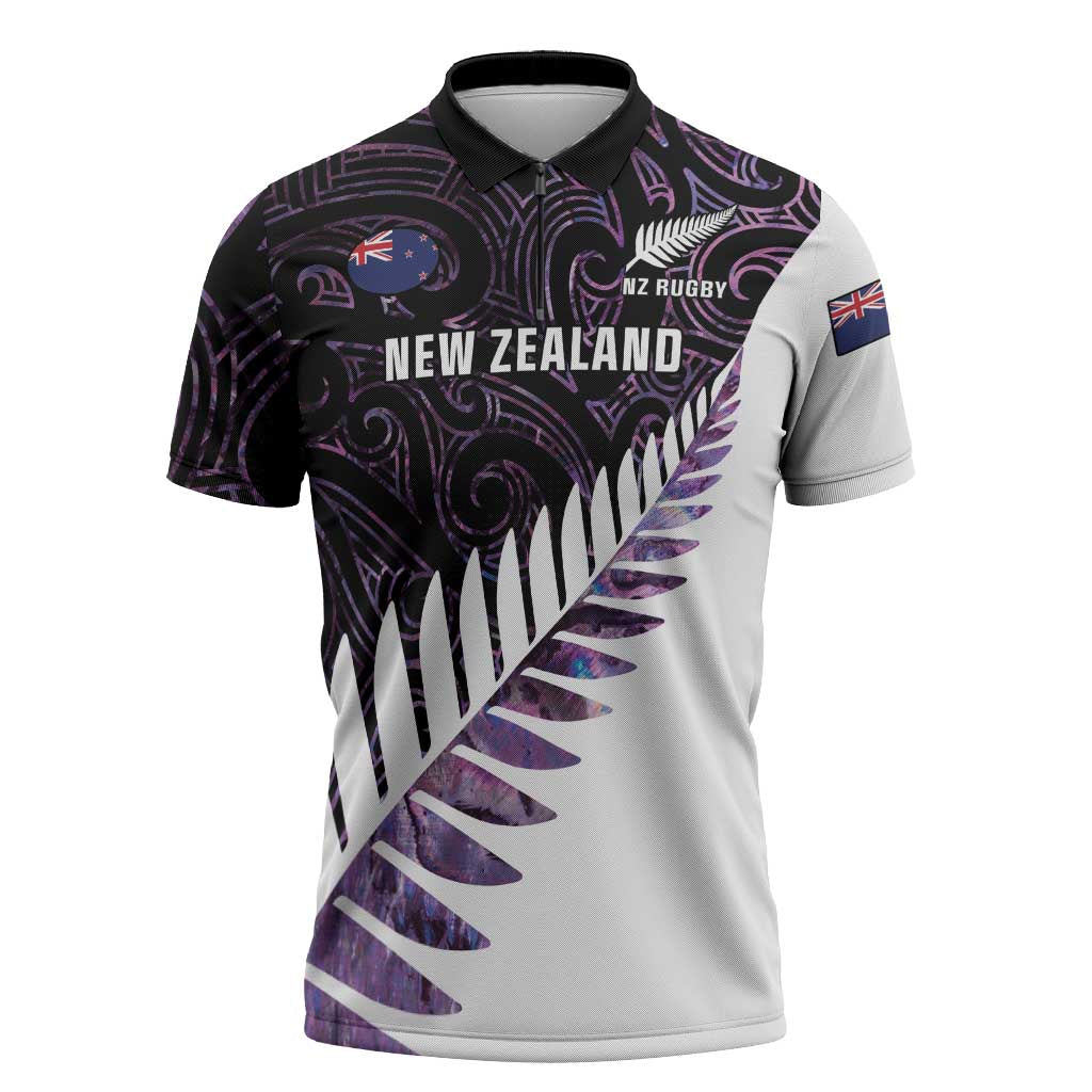 New Zealand Silver Fern Rugby Custom Zipper Polo Shirt Go All Black Purple Maori Paua Shell - Aussie Hoodie