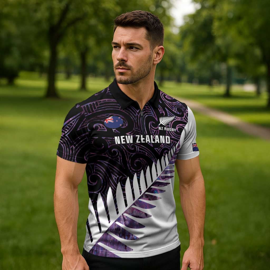 New Zealand Silver Fern Rugby Custom Zipper Polo Shirt Go All Black Purple Maori Paua Shell - Aussie Hoodie