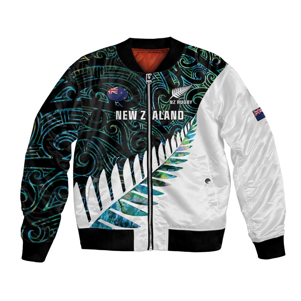 New Zealand Silver Fern Rugby Custom Bomber Jacket Go All Black Turquoise Maori Paua Shell - Aussie Hoodie