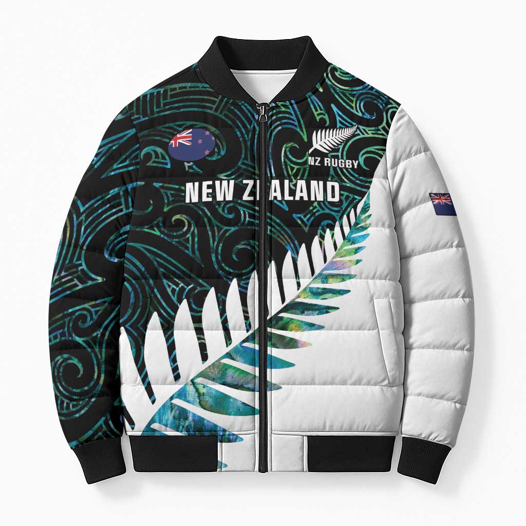 New Zealand Silver Fern Rugby Custom Bomber Puffer Jacket Go All Black Turquoise Maori Paua Shell - Aussie Hoodie