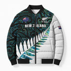 New Zealand Silver Fern Rugby Custom Bomber Puffer Jacket Go All Black Turquoise Maori Paua Shell - Aussie Hoodie