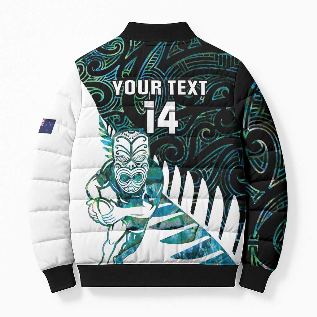 New Zealand Silver Fern Rugby Custom Bomber Puffer Jacket Go All Black Turquoise Maori Paua Shell - Aussie Hoodie