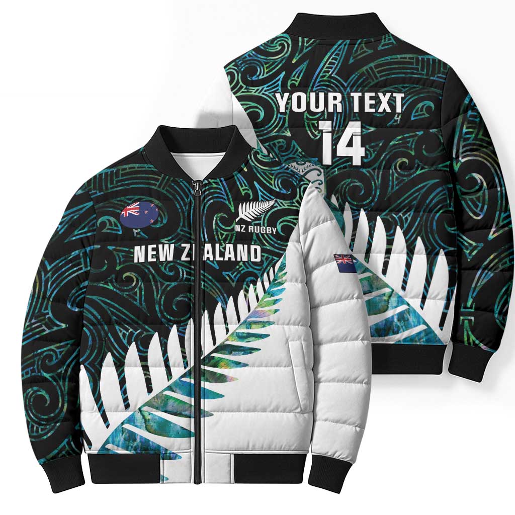 New Zealand Silver Fern Rugby Custom Bomber Puffer Jacket Go All Black Turquoise Maori Paua Shell - Aussie Hoodie