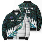 New Zealand Silver Fern Rugby Custom Bomber Puffer Jacket Go All Black Turquoise Maori Paua Shell - Aussie Hoodie