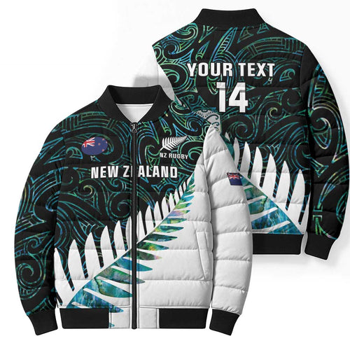New Zealand Silver Fern Rugby Custom Bomber Puffer Jacket Go All Black Turquoise Maori Paua Shell - Aussie Hoodie