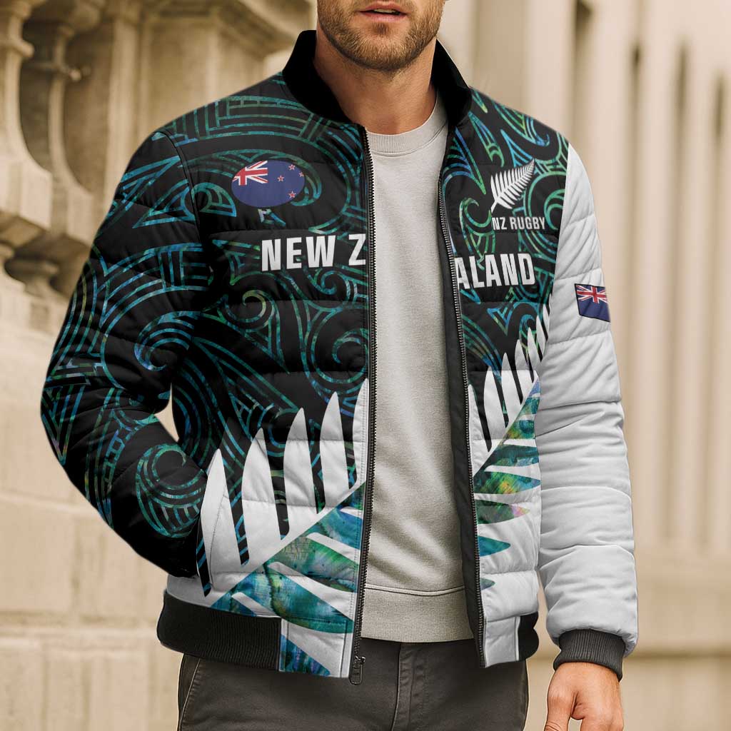 New Zealand Silver Fern Rugby Custom Bomber Puffer Jacket Go All Black Turquoise Maori Paua Shell - Aussie Hoodie