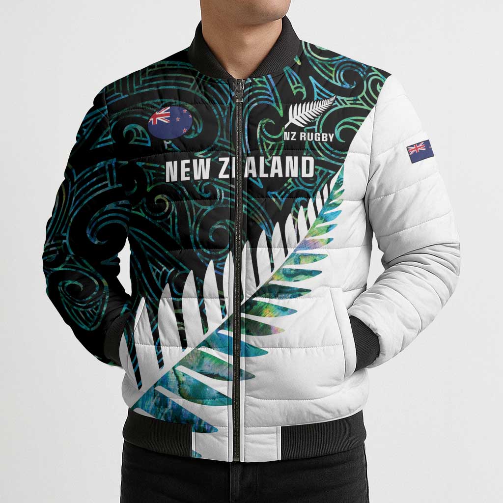 New Zealand Silver Fern Rugby Custom Bomber Puffer Jacket Go All Black Turquoise Maori Paua Shell - Aussie Hoodie