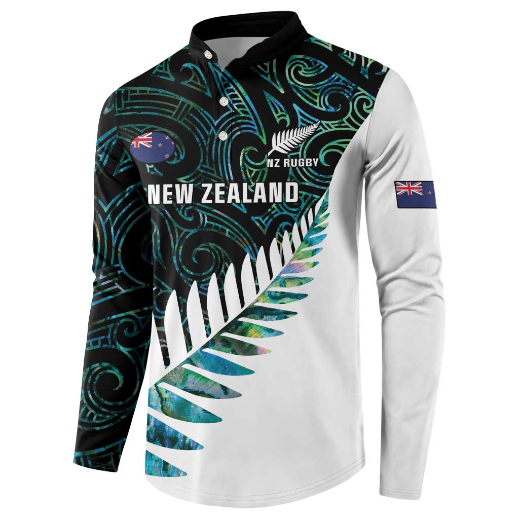 New Zealand Silver Fern Rugby Custom Button Sweatshirt Go All Black Turquoise Maori Paua Shell - Aussie Hoodie