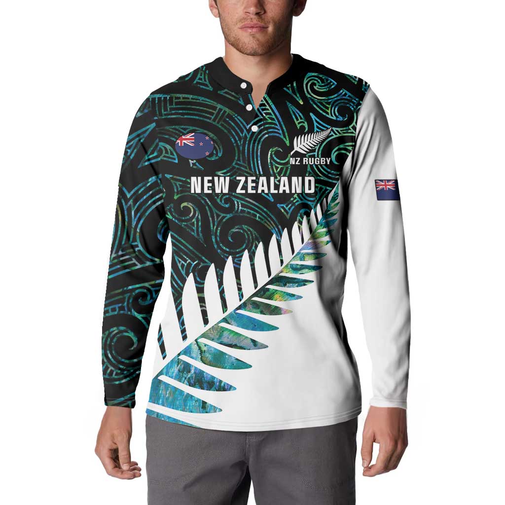 New Zealand Silver Fern Rugby Custom Button Sweatshirt Go All Black Turquoise Maori Paua Shell - Aussie Hoodie