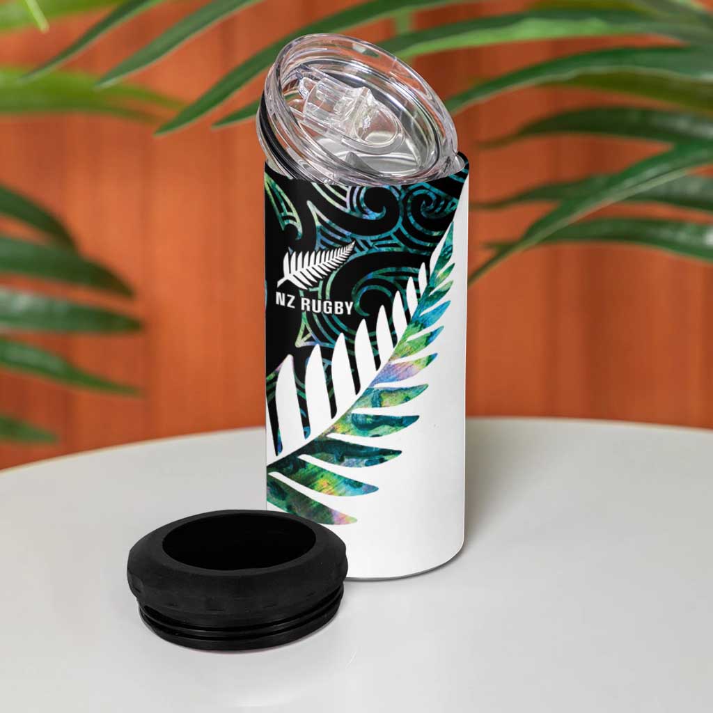 New Zealand Silver Fern Rugby Custom 4 in 1 Can Cooler Tumbler Go All Black Turquoise Maori Paua Shell - Aussie Hoodie