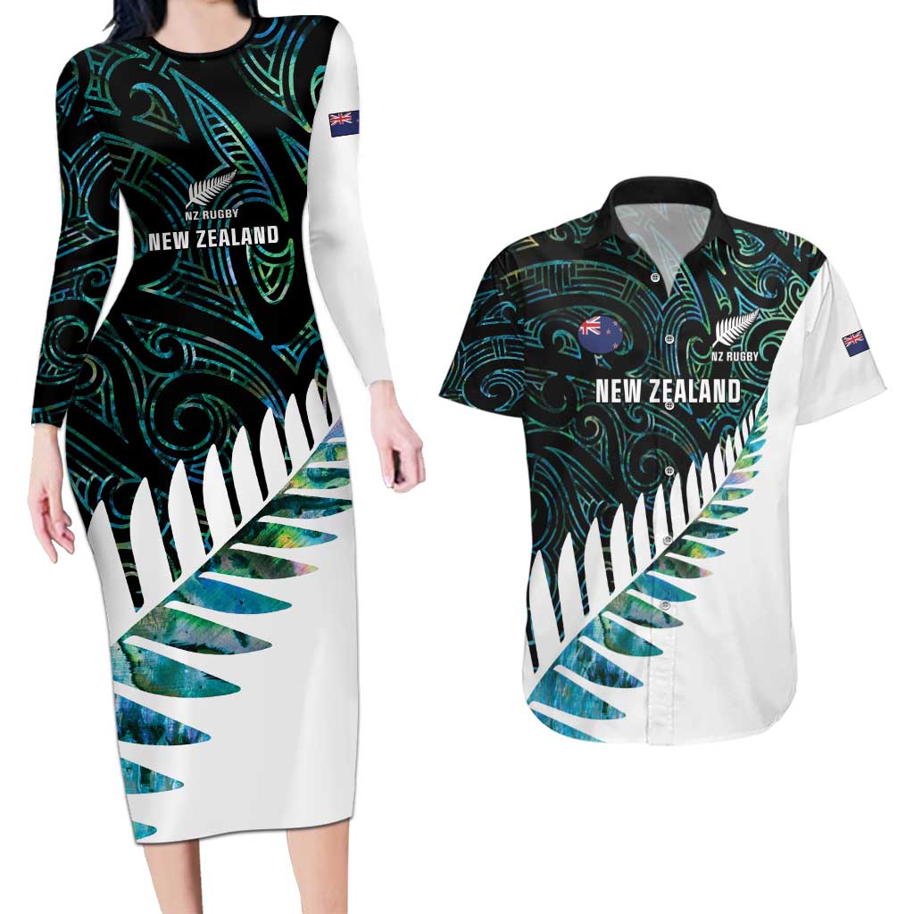 New Zealand Silver Fern Rugby Custom Couples Matching Long Sleeve Bodycon Dress and Hawaiian Shirt Go All Black Turquoise Maori Paua Shell - Aussie Hoodie