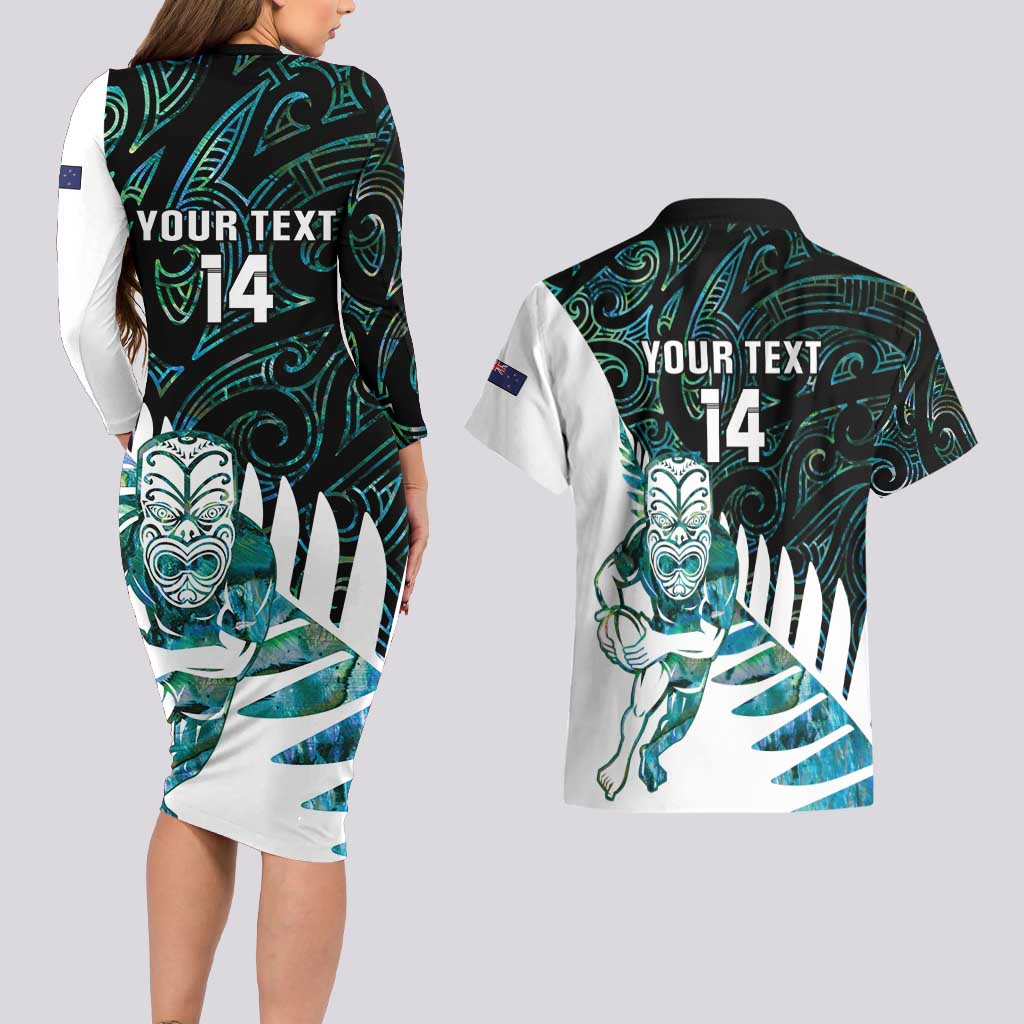 New Zealand Silver Fern Rugby Custom Couples Matching Long Sleeve Bodycon Dress and Hawaiian Shirt Go All Black Turquoise Maori Paua Shell - Aussie Hoodie