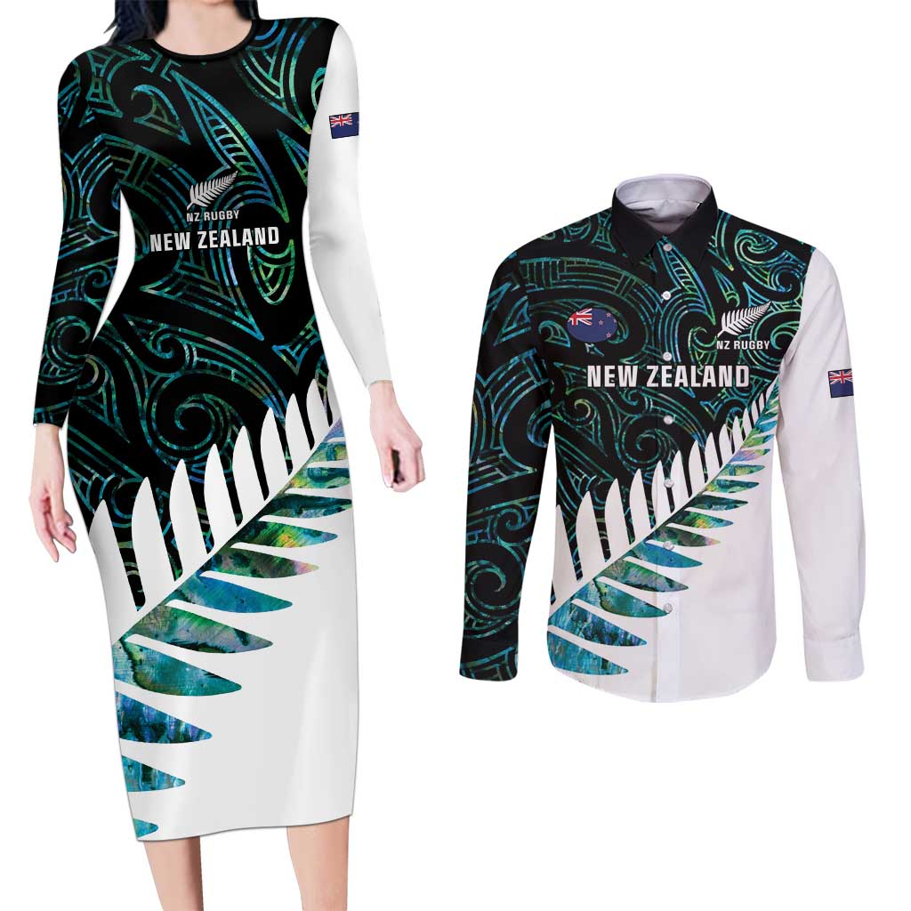 New Zealand Silver Fern Rugby Custom Couples Matching Long Sleeve Bodycon Dress and Long Sleeve Button Shirt Go All Black Turquoise Maori Paua Shell - Aussie Hoodie