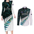 New Zealand Silver Fern Rugby Custom Couples Matching Long Sleeve Bodycon Dress and Long Sleeve Button Shirt Go All Black Turquoise Maori Paua Shell - Aussie Hoodie