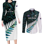 New Zealand Silver Fern Rugby Custom Couples Matching Long Sleeve Bodycon Dress and Long Sleeve Button Shirt Go All Black Turquoise Maori Paua Shell - Aussie Hoodie