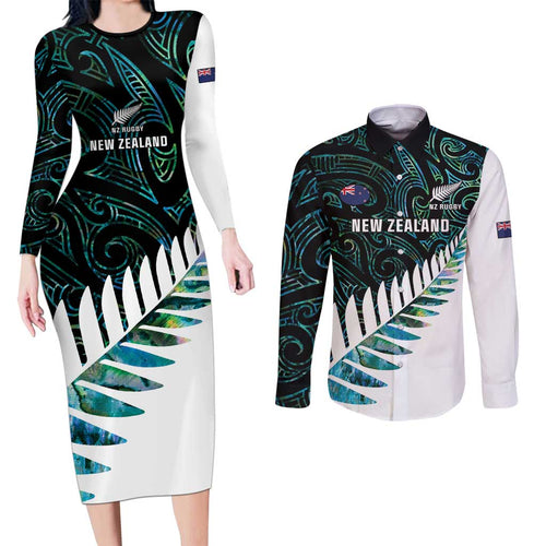New Zealand Silver Fern Rugby Custom Couples Matching Long Sleeve Bodycon Dress and Long Sleeve Button Shirt Go All Black Turquoise Maori Paua Shell - Aussie Hoodie