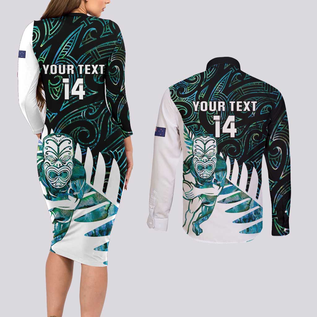 New Zealand Silver Fern Rugby Custom Couples Matching Long Sleeve Bodycon Dress and Long Sleeve Button Shirt Go All Black Turquoise Maori Paua Shell - Aussie Hoodie