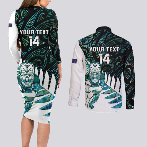 New Zealand Silver Fern Rugby Custom Couples Matching Long Sleeve Bodycon Dress and Long Sleeve Button Shirt Go All Black Turquoise Maori Paua Shell - Aussie Hoodie