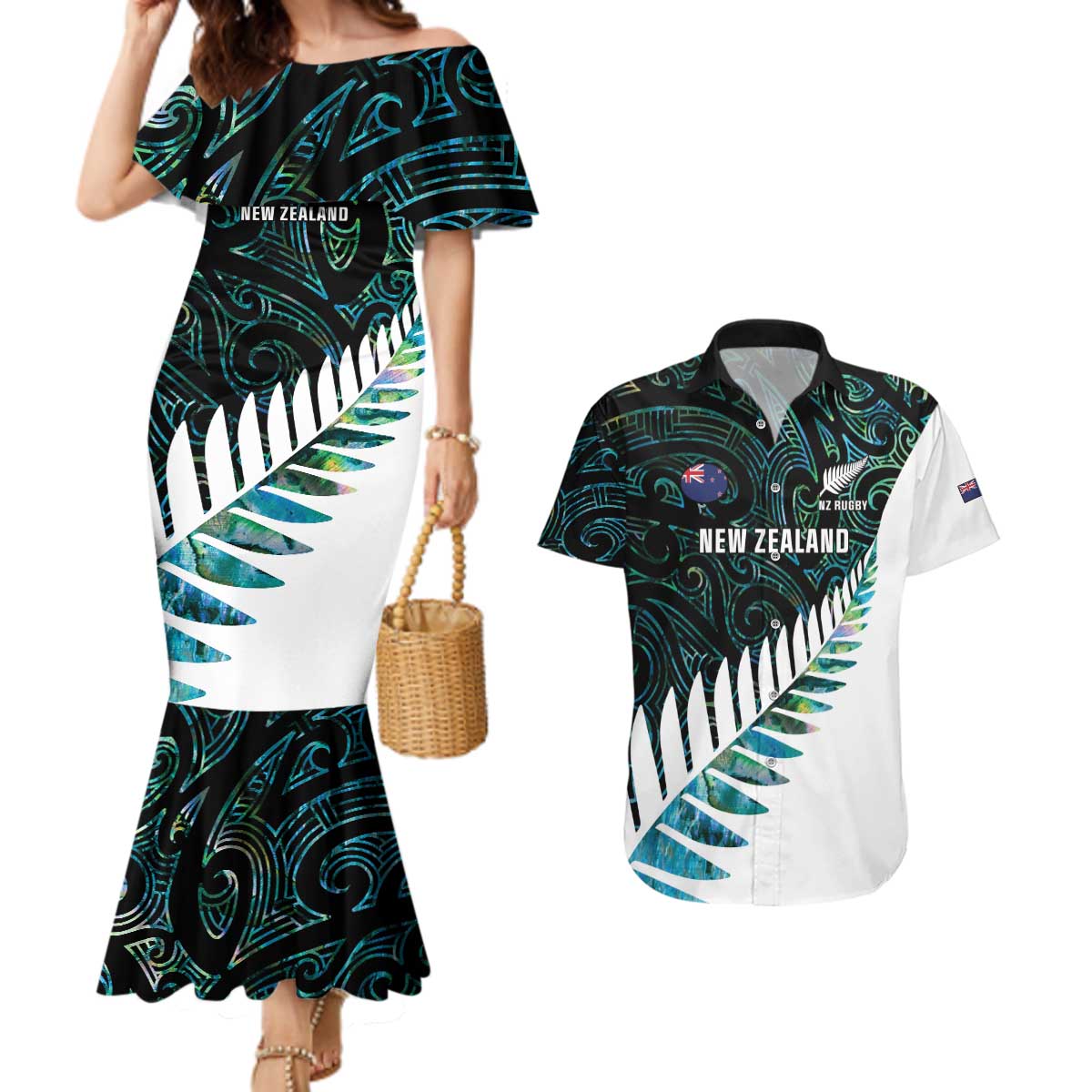 New Zealand Silver Fern Rugby Custom Couples Matching Mermaid Dress and Hawaiian Shirt Go All Black Turquoise Maori Paua Shell - Aussie Hoodie