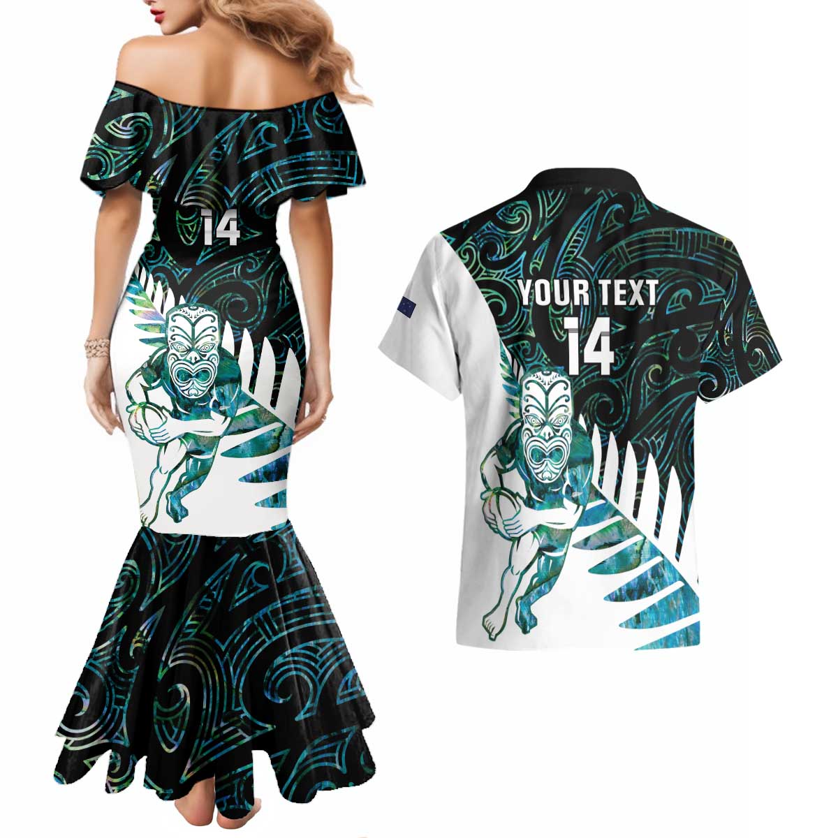 New Zealand Silver Fern Rugby Custom Couples Matching Mermaid Dress and Hawaiian Shirt Go All Black Turquoise Maori Paua Shell - Aussie Hoodie