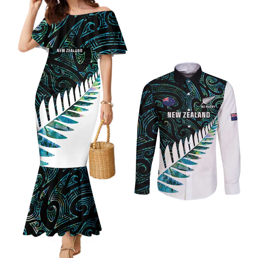 New Zealand Silver Fern Rugby Custom Couples Matching Mermaid Dress and Long Sleeve Button Shirt Go All Black Turquoise Maori Paua Shell - Aussie Hoodie