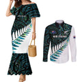 New Zealand Silver Fern Rugby Custom Couples Matching Mermaid Dress and Long Sleeve Button Shirt Go All Black Turquoise Maori Paua Shell - Aussie Hoodie