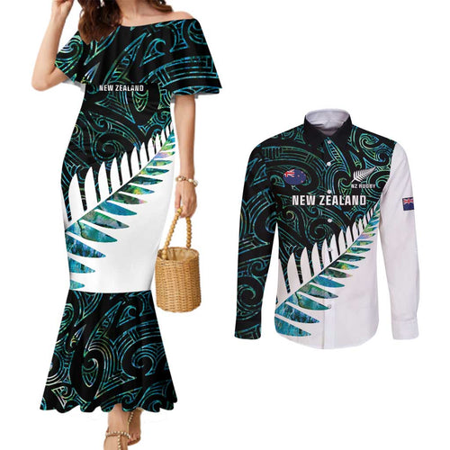 New Zealand Silver Fern Rugby Custom Couples Matching Mermaid Dress and Long Sleeve Button Shirt Go All Black Turquoise Maori Paua Shell - Aussie Hoodie