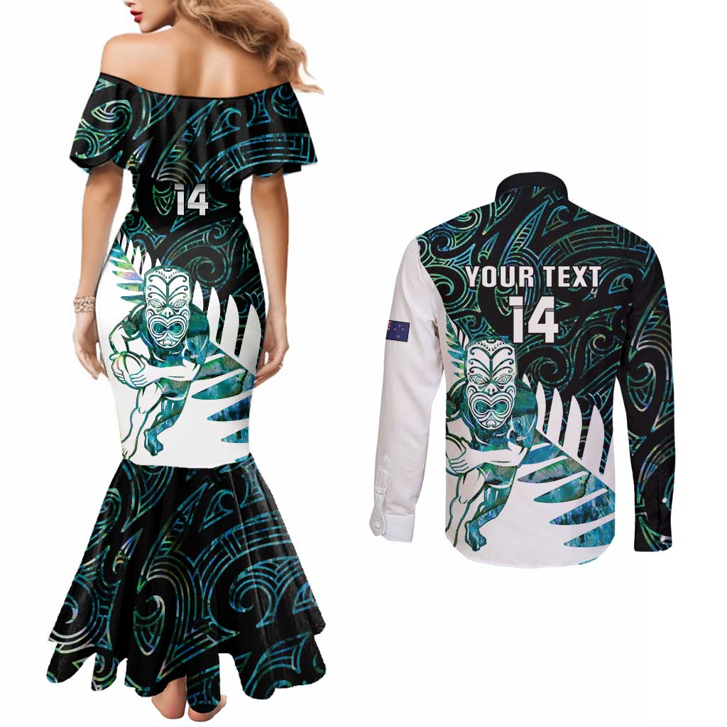 New Zealand Silver Fern Rugby Custom Couples Matching Mermaid Dress and Long Sleeve Button Shirt Go All Black Turquoise Maori Paua Shell - Aussie Hoodie