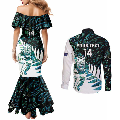 New Zealand Silver Fern Rugby Custom Couples Matching Mermaid Dress and Long Sleeve Button Shirt Go All Black Turquoise Maori Paua Shell - Aussie Hoodie