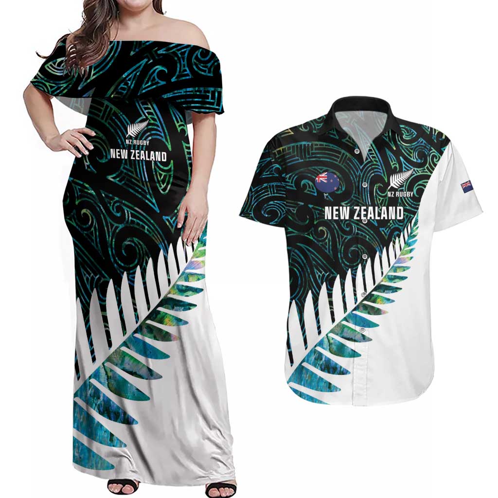 New Zealand Silver Fern Rugby Custom Couples Matching Off Shoulder Maxi Dress and Hawaiian Shirt Go All Black Turquoise Maori Paua Shell - Aussie Hoodie