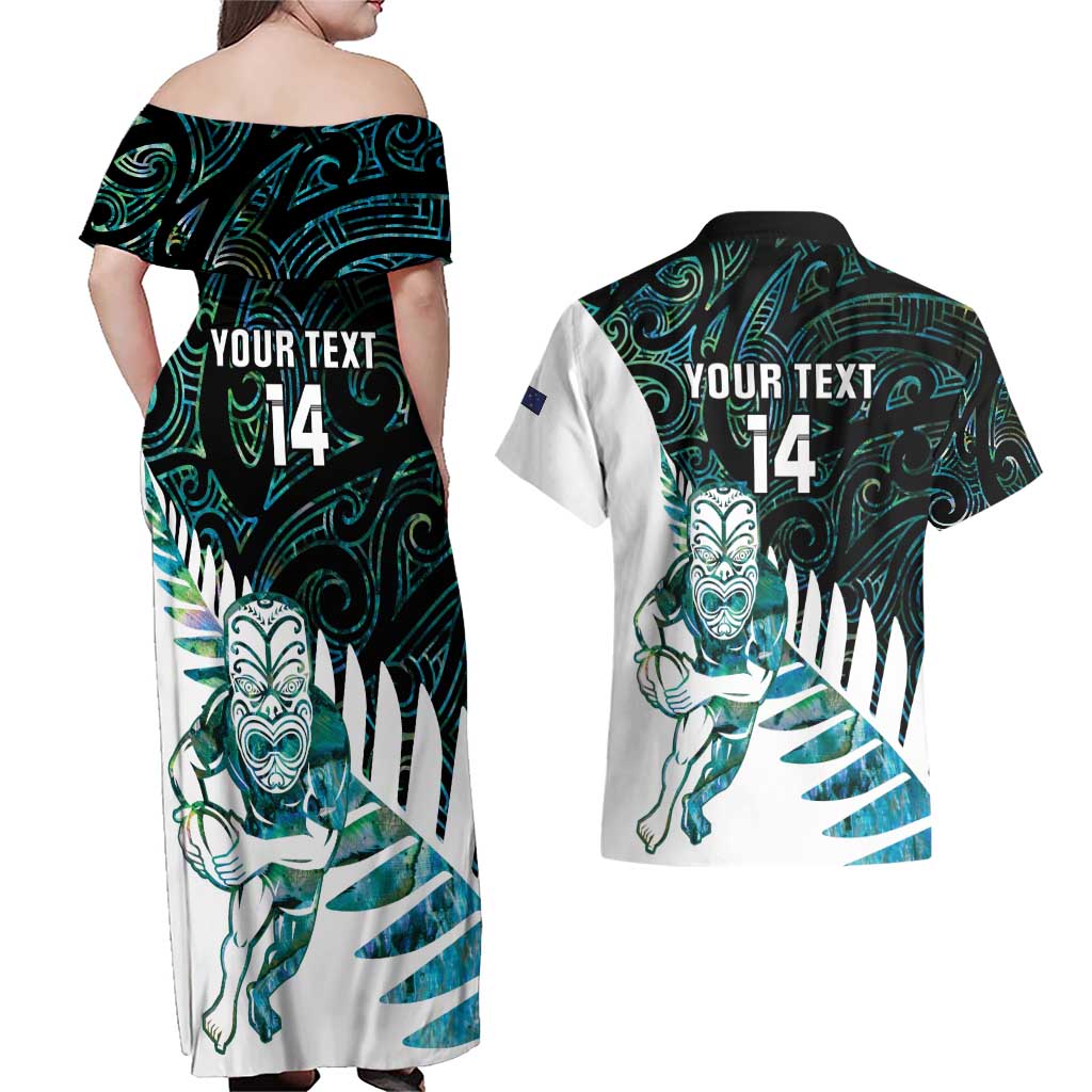 New Zealand Silver Fern Rugby Custom Couples Matching Off Shoulder Maxi Dress and Hawaiian Shirt Go All Black Turquoise Maori Paua Shell - Aussie Hoodie