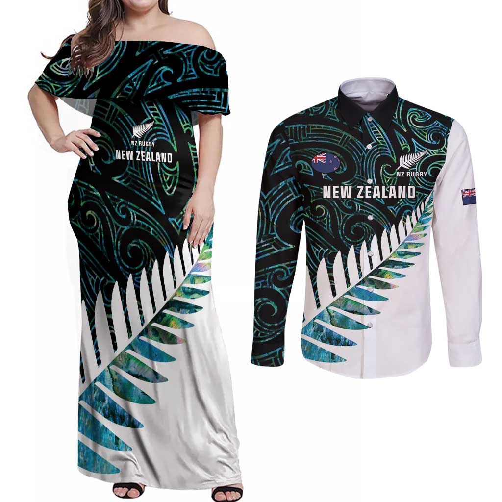 New Zealand Silver Fern Rugby Custom Couples Matching Off Shoulder Maxi Dress and Long Sleeve Button Shirt Go All Black Turquoise Maori Paua Shell - Aussie Hoodie