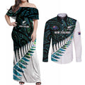 New Zealand Silver Fern Rugby Custom Couples Matching Off Shoulder Maxi Dress and Long Sleeve Button Shirt Go All Black Turquoise Maori Paua Shell - Aussie Hoodie