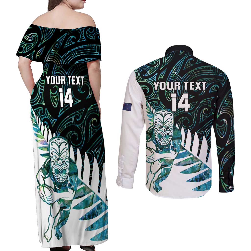New Zealand Silver Fern Rugby Custom Couples Matching Off Shoulder Maxi Dress and Long Sleeve Button Shirt Go All Black Turquoise Maori Paua Shell - Aussie Hoodie