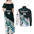 New Zealand Silver Fern Rugby Custom Couples Matching Off Shoulder Maxi Dress and Long Sleeve Button Shirt Go All Black Turquoise Maori Paua Shell - Aussie Hoodie