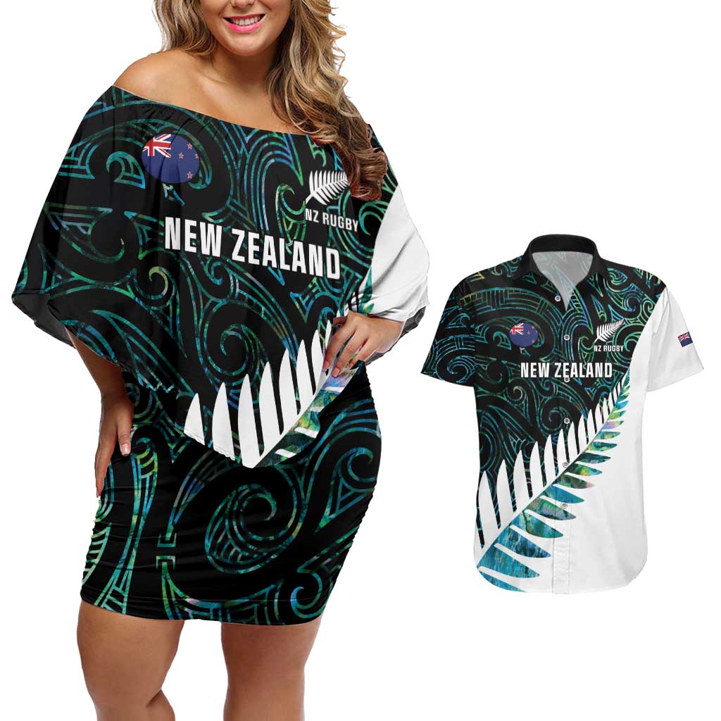 New Zealand Silver Fern Rugby Custom Couples Matching Off Shoulder Short Dress and Hawaiian Shirt Go All Black Turquoise Maori Paua Shell - Aussie Hoodie