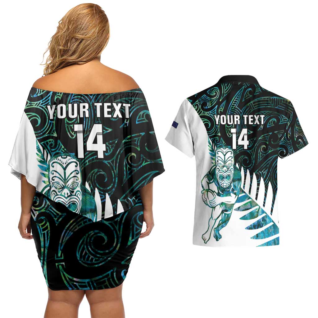 New Zealand Silver Fern Rugby Custom Couples Matching Off Shoulder Short Dress and Hawaiian Shirt Go All Black Turquoise Maori Paua Shell - Aussie Hoodie