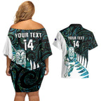 New Zealand Silver Fern Rugby Custom Couples Matching Off Shoulder Short Dress and Hawaiian Shirt Go All Black Turquoise Maori Paua Shell - Aussie Hoodie
