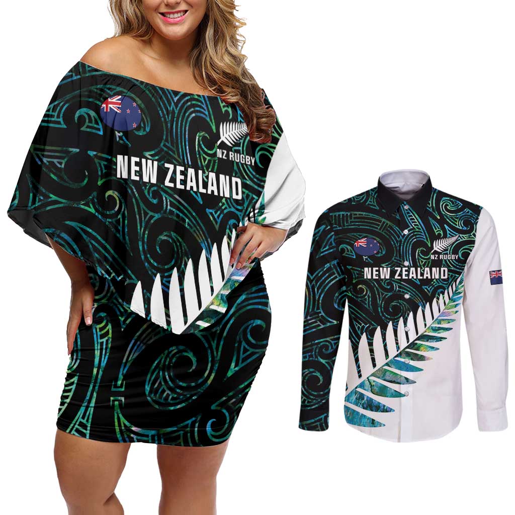 New Zealand Silver Fern Rugby Custom Couples Matching Off Shoulder Short Dress and Long Sleeve Button Shirt Go All Black Turquoise Maori Paua Shell - Aussie Hoodie