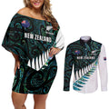 New Zealand Silver Fern Rugby Custom Couples Matching Off Shoulder Short Dress and Long Sleeve Button Shirt Go All Black Turquoise Maori Paua Shell - Aussie Hoodie