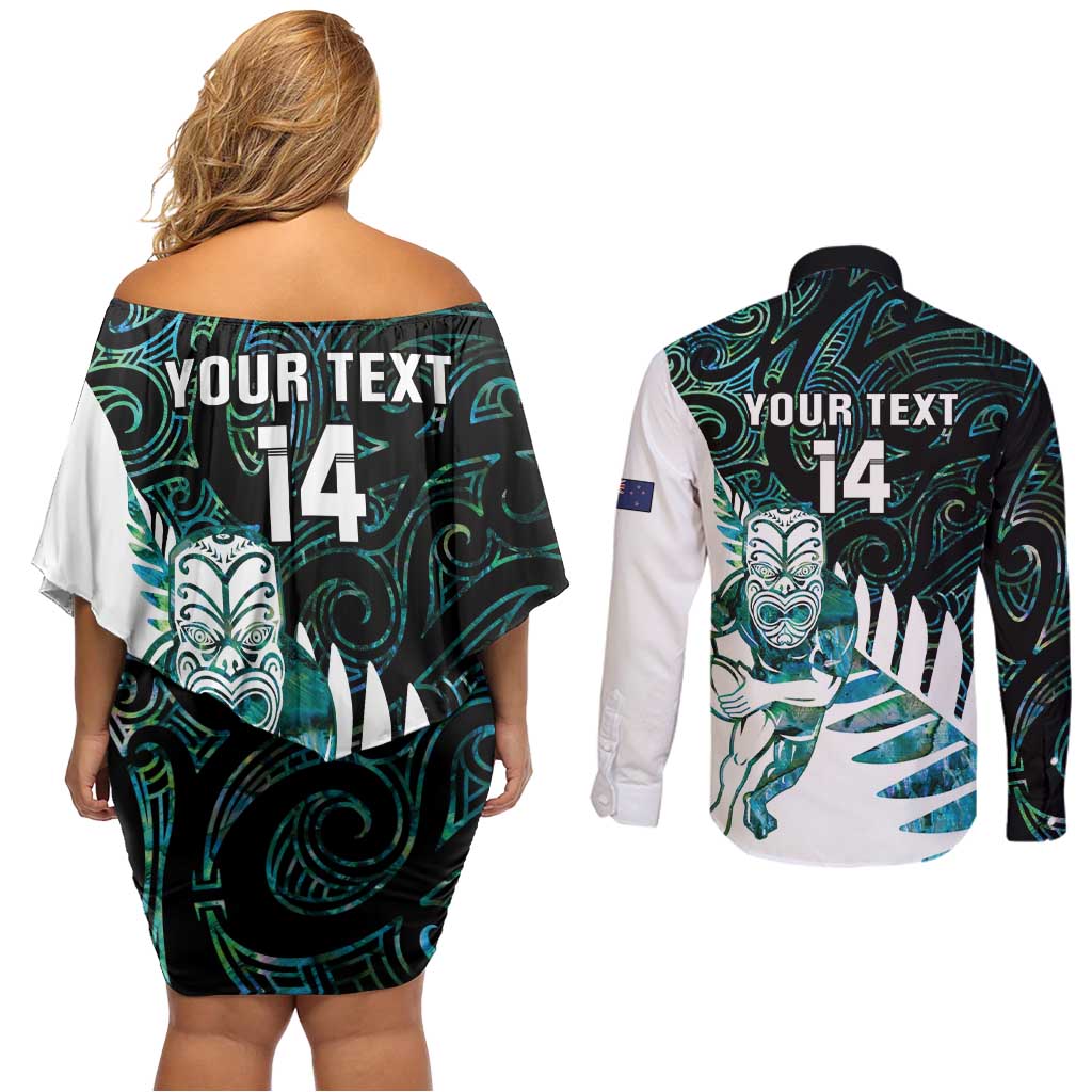 New Zealand Silver Fern Rugby Custom Couples Matching Off Shoulder Short Dress and Long Sleeve Button Shirt Go All Black Turquoise Maori Paua Shell - Aussie Hoodie