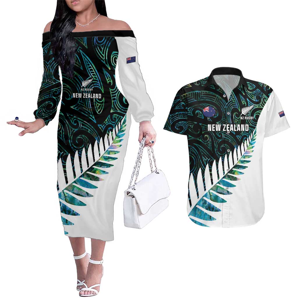 New Zealand Silver Fern Rugby Custom Couples Matching Off The Shoulder Long Sleeve Dress and Hawaiian Shirt Go All Black Turquoise Maori Paua Shell - Aussie Hoodie