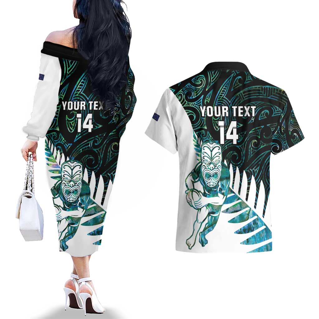 New Zealand Silver Fern Rugby Custom Couples Matching Off The Shoulder Long Sleeve Dress and Hawaiian Shirt Go All Black Turquoise Maori Paua Shell - Aussie Hoodie