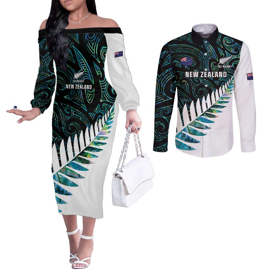 New Zealand Silver Fern Rugby Custom Couples Matching Off The Shoulder Long Sleeve Dress and Long Sleeve Button Shirt Go All Black Turquoise Maori Paua Shell - Aussie Hoodie