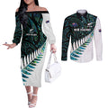 New Zealand Silver Fern Rugby Custom Couples Matching Off The Shoulder Long Sleeve Dress and Long Sleeve Button Shirt Go All Black Turquoise Maori Paua Shell - Aussie Hoodie